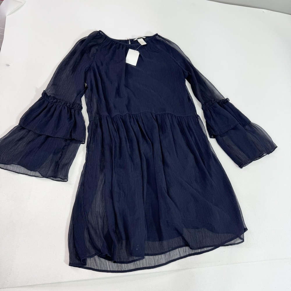 H&M Dress Womens Small Navy Blue Ruffle Bell Sleeve Crinkle Chiffon Lined Mini